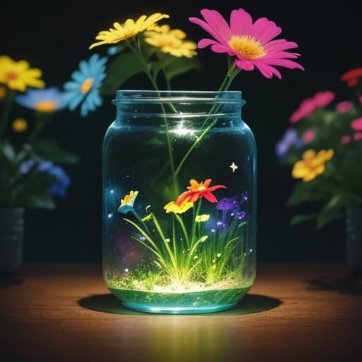 Cinematic Garden in Glass Jar in Deep Space