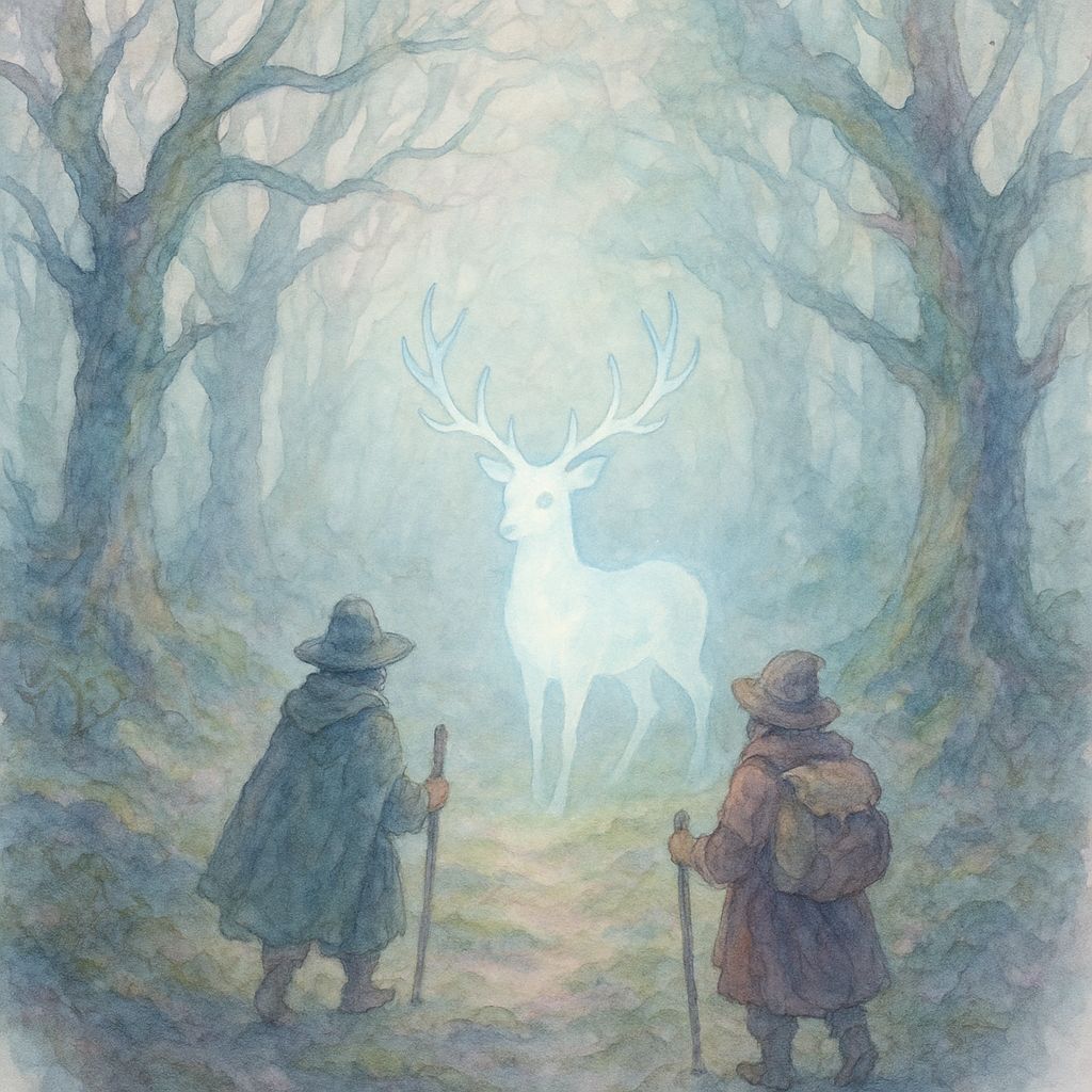 Ethereal Deer Guiding Travelers in Enchanted Forest