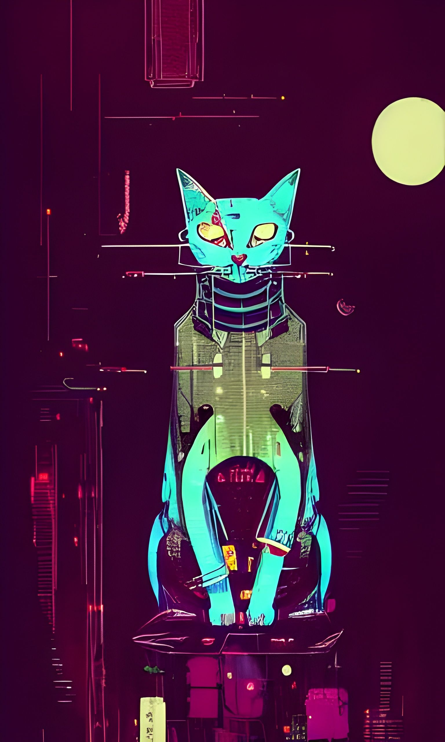 Cyberpunk Cat Illustration in Mixed Media Style