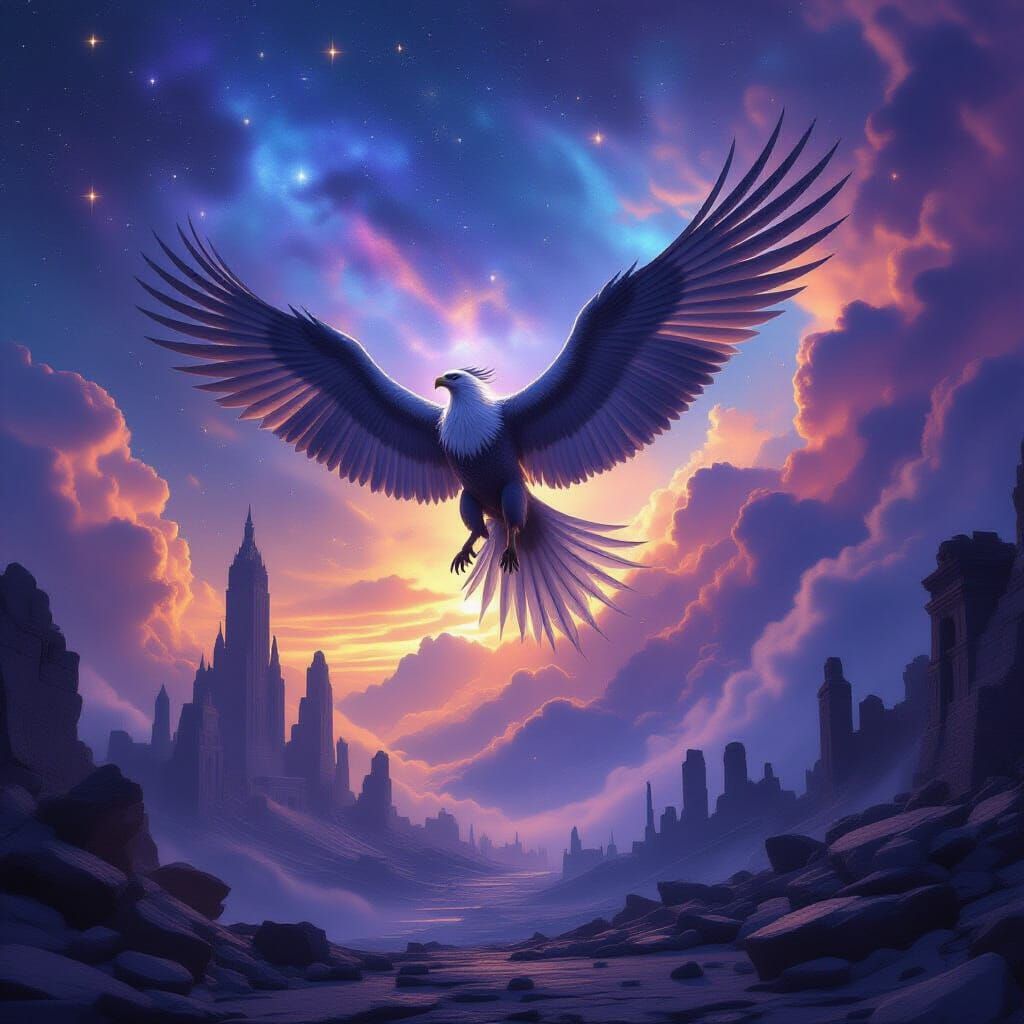 Majestic Griffin Over Ruined Alien City in Cosmic Sky