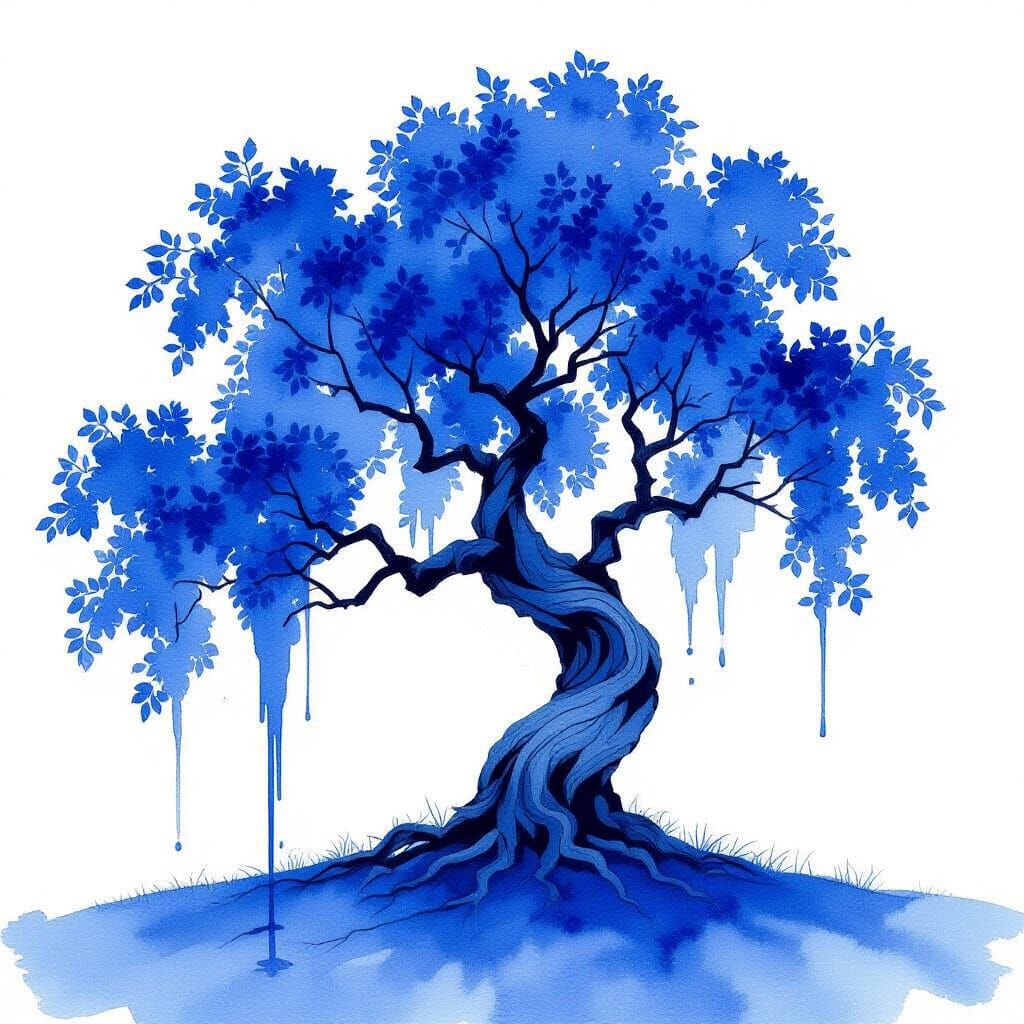 Vibrant Blue Tree in Expressive Watercolor Style