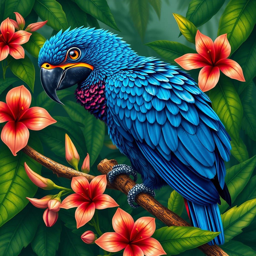 Exotic Blue Bird in Alphonse Mucha Style