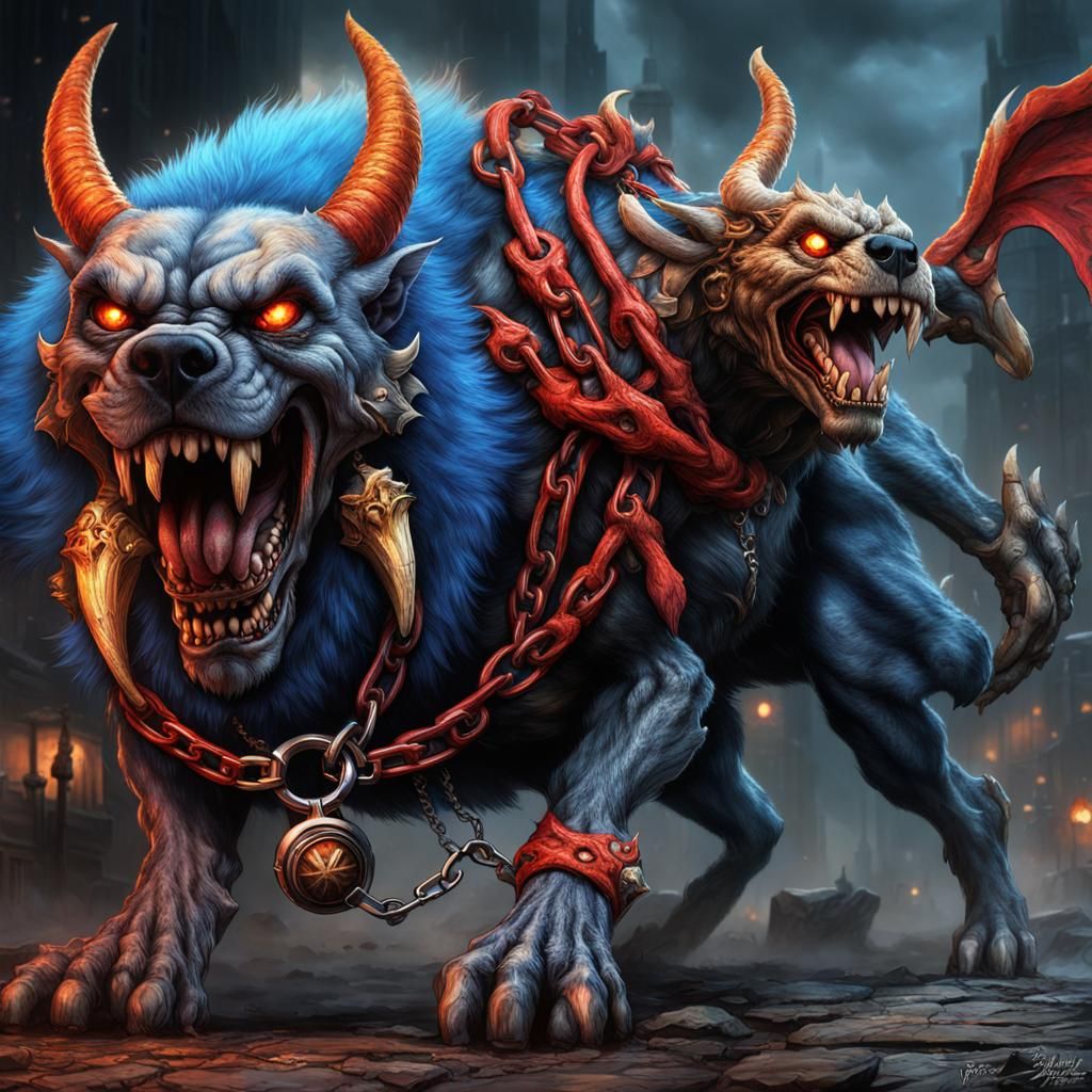 Muscled Demon Walks Three-Headed Dog: Fantasy Concept Art
