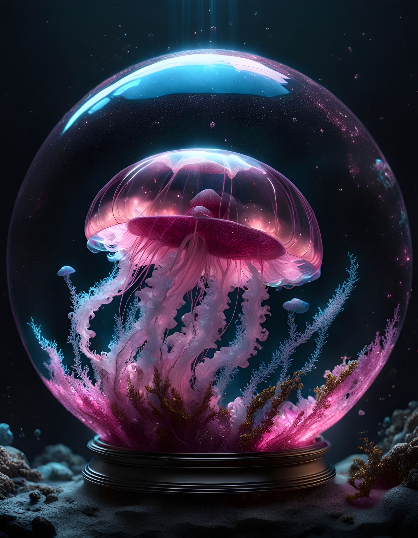 Underwater Crystal Orb with Bioluminescent Jellyfish