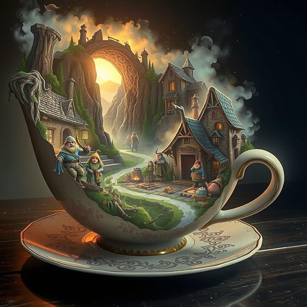 Antique teacup, its porcelain cracked and worn, with faded, floral patterns, radiates an ethereal, otherworldly glow, as...