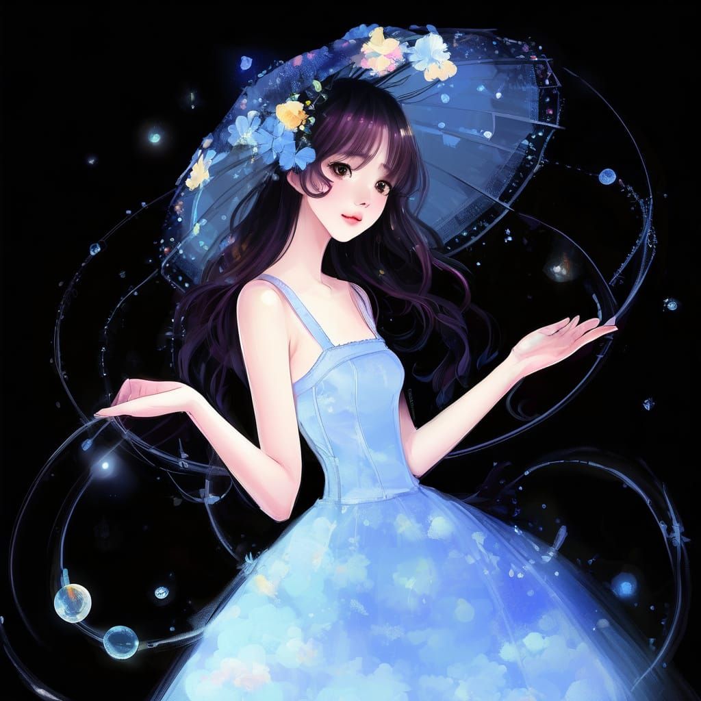 Girl in Petticoats Dress with Bubbly Eyes in Painterly Style