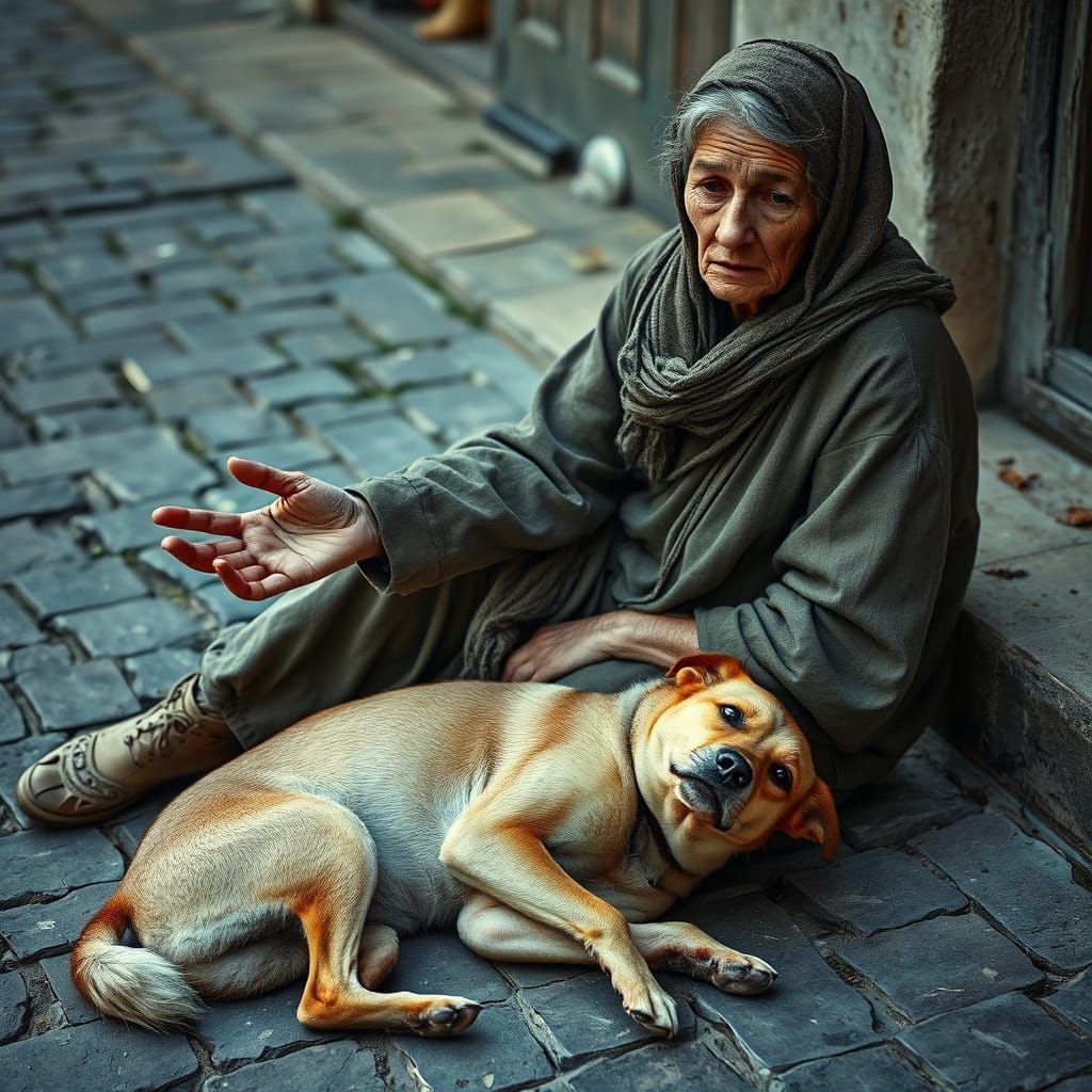 Desperate Beggar with Dog, in Hyper-Realistic Style