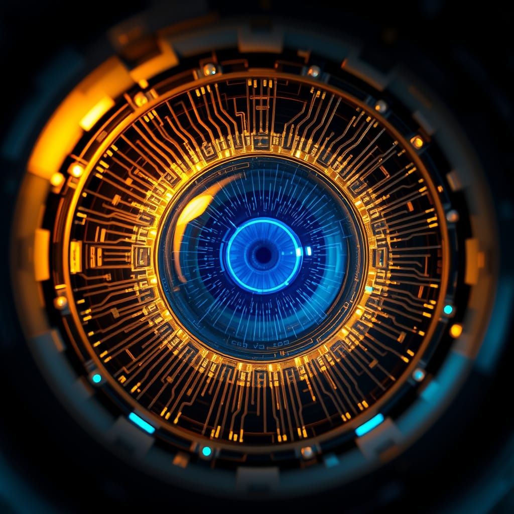 Robotic Eye Iris Circuitry Glowing Blue and Gold