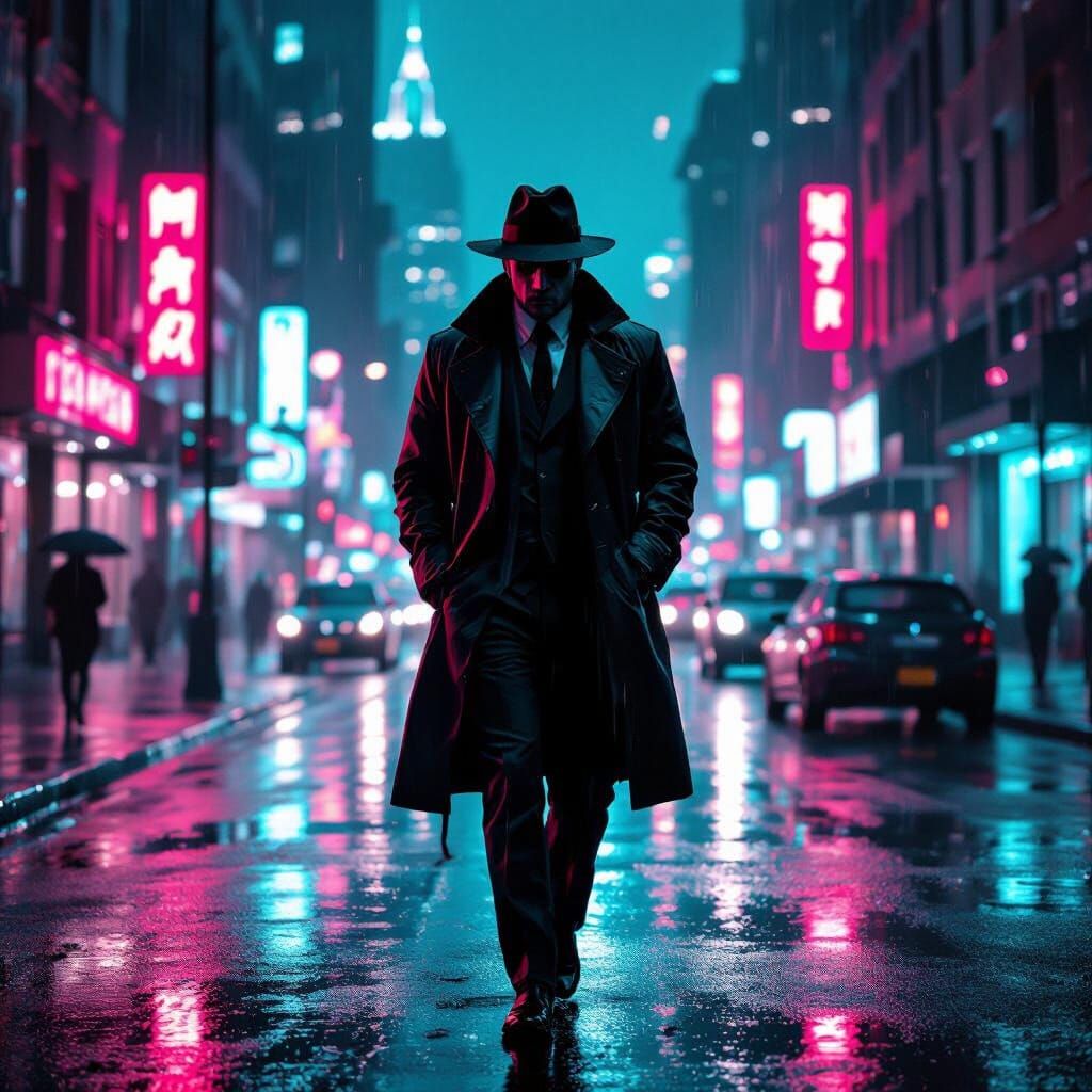 Noir Private Eye in Rainy Neon Streets