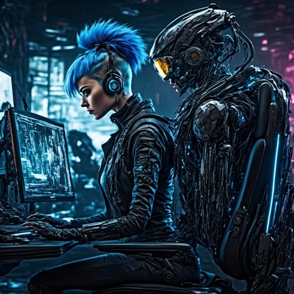 Cyberpunk Hacker: Young Man with Blue Hair