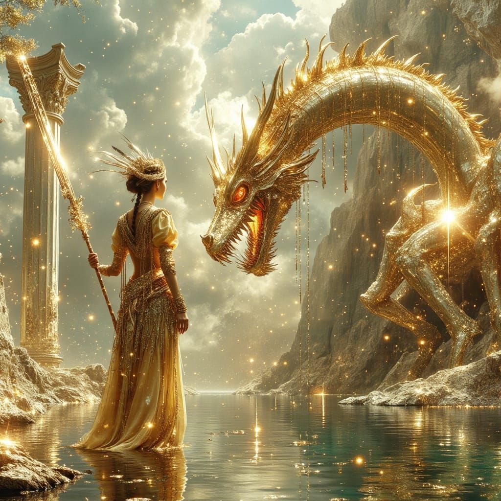 A lone woman standing on the skeletal remains of a giant, long-dead dragon