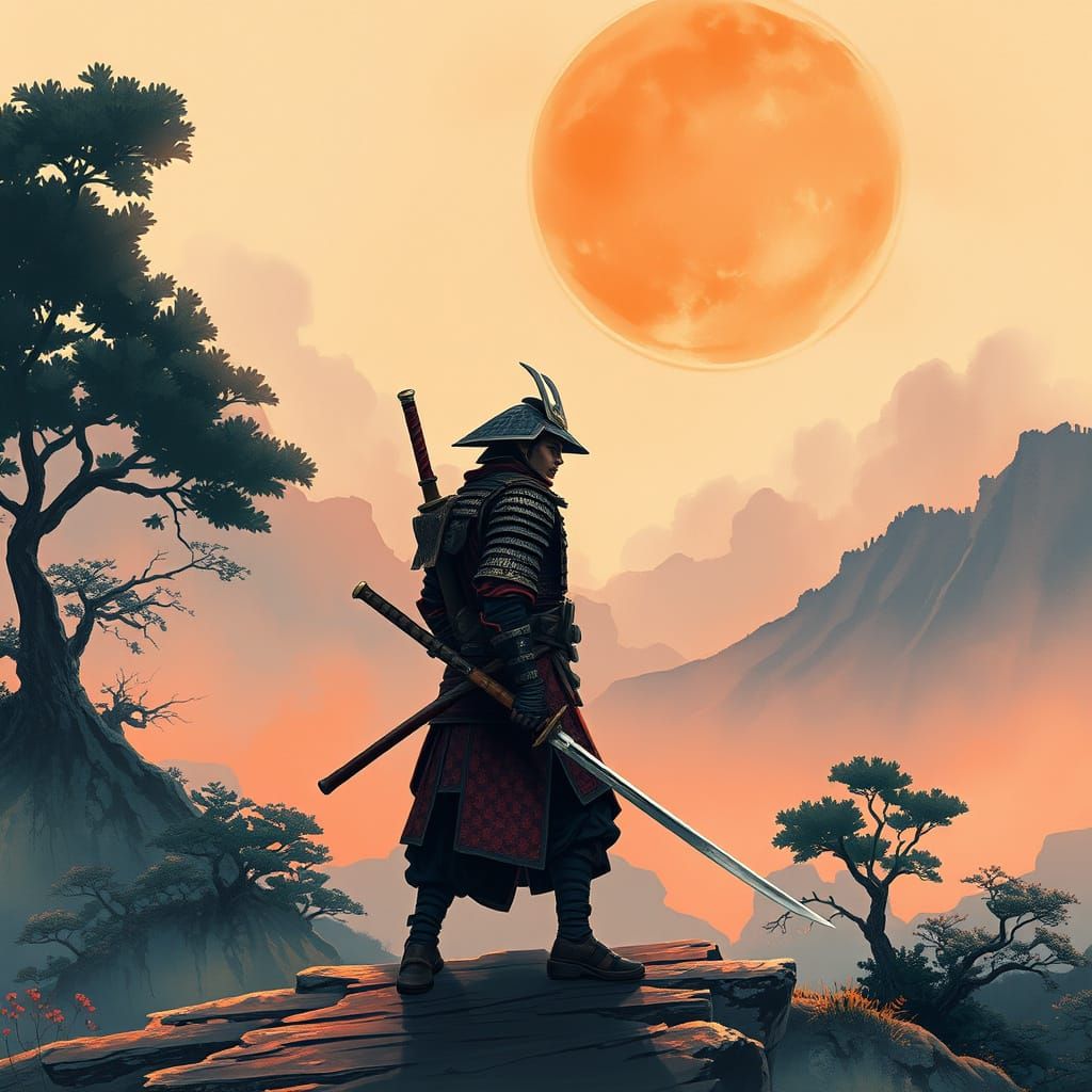 Lone Samurai in Japanese Landscape Art