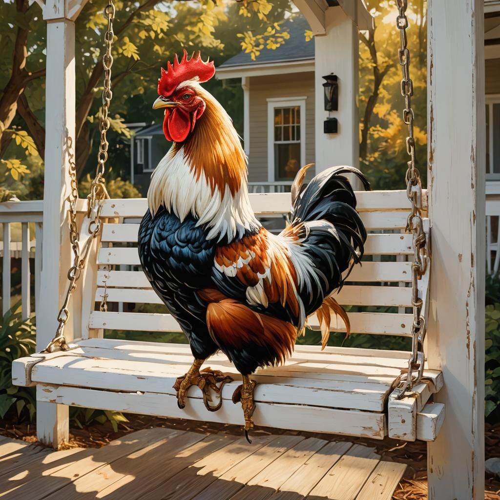 Rooster on a Swing, American Folk Art Style