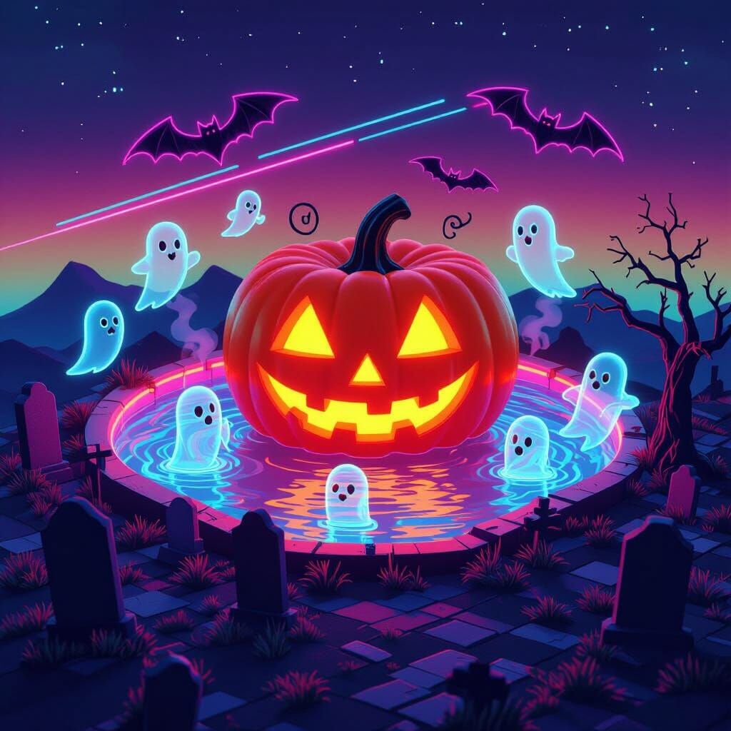Vaporwave Halloween Rave with Jack-o'-Lantern Infinity Pool