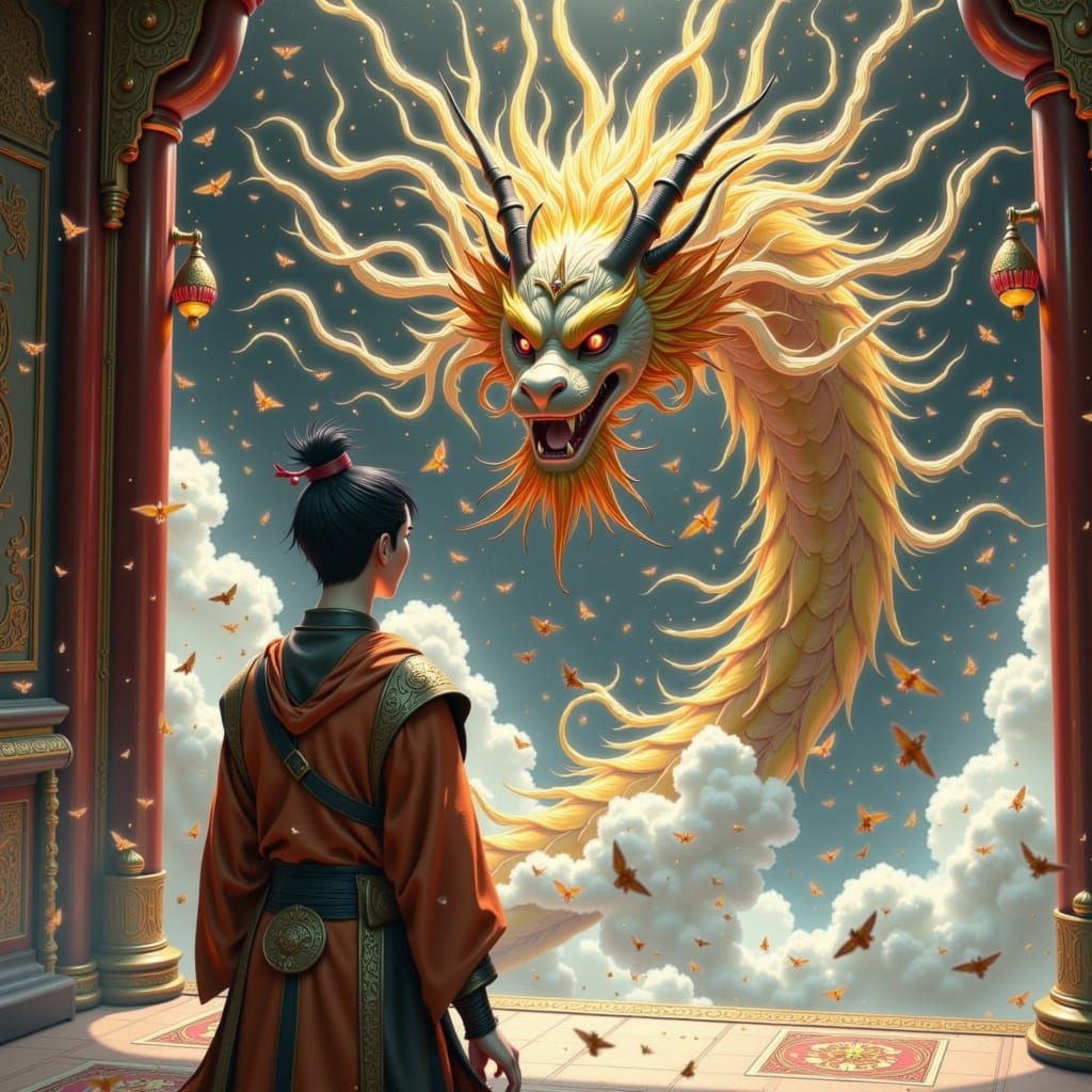 Samurai Guarding Chinese Dragon Temple in Ethereal Watercolo...