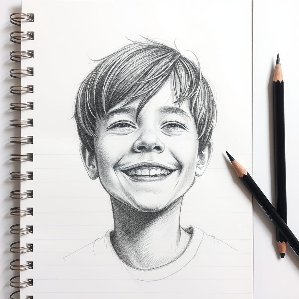 Happy Boy Portrait in Charcoal Pencil