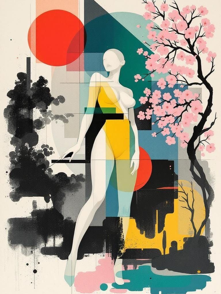 Abstract Pin-Up in Sumi-e Style Cherry Garden