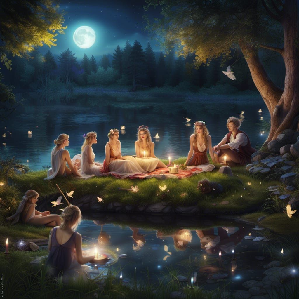 Fairies' Enchanted Picnic by Moonlit Lake