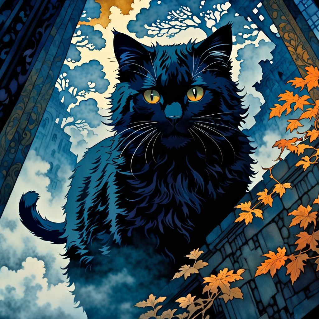 Dramatic Anime Cat in Golden Age Illustration Style