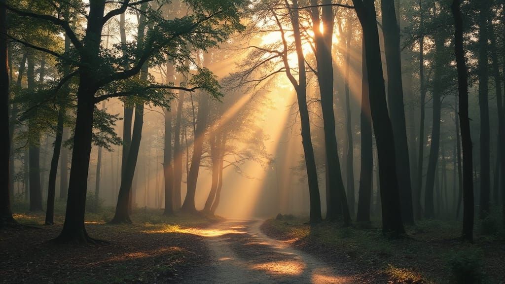 Serene Forest at Dawn: Hyper-Realistic Painting