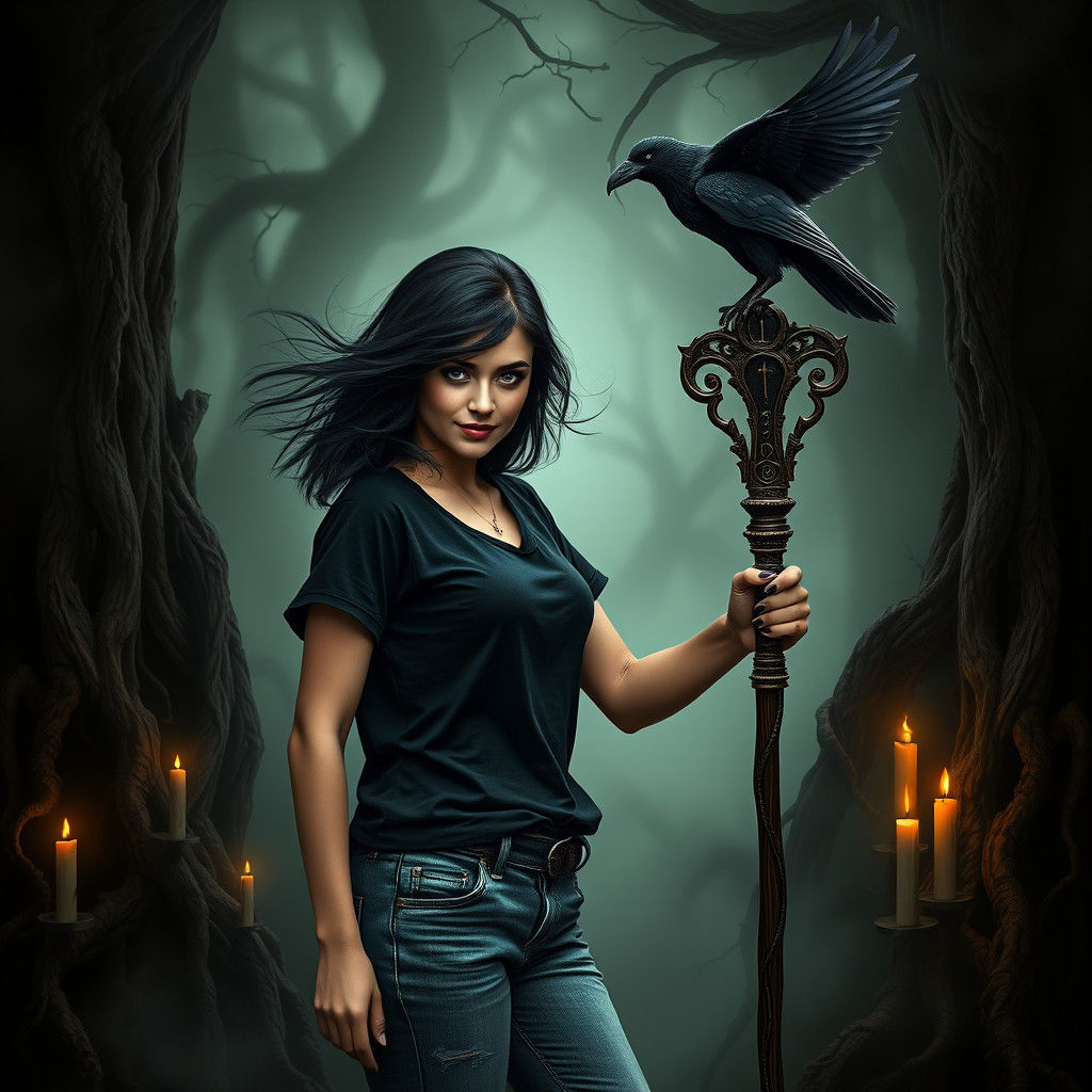 Mystical Woman with Raven Staff in Dark Forest