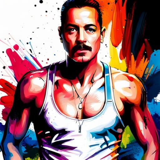Energetic Freddie Mercury Portrait in Vibrant Colors