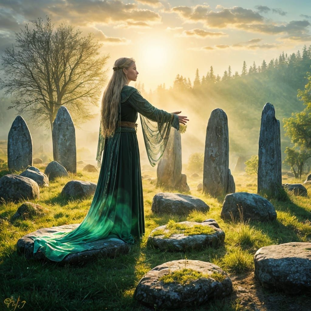 Celtic Priestess Invoking Goddess at Sunrise