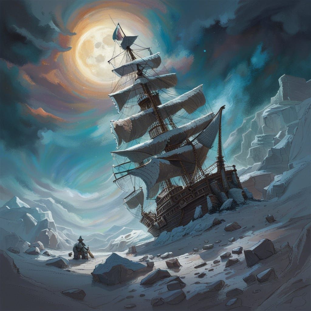 Pirate Ship on Snow Tundra in Frazetta Style