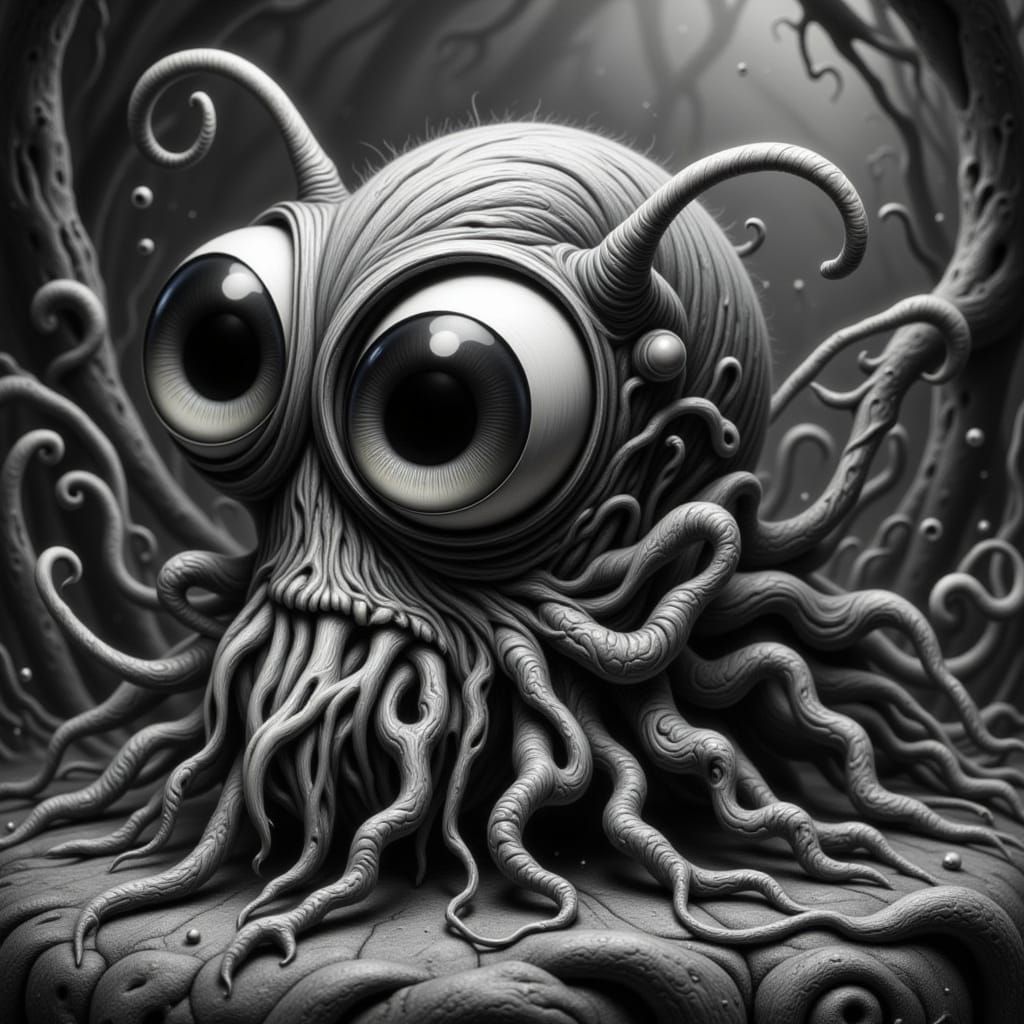 Surreal Snail-Spider Hybrid in Black and White