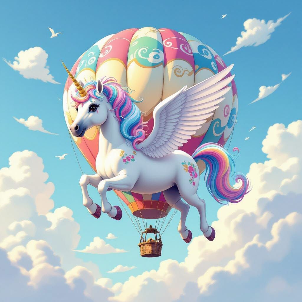 Unicorn Hot Air Balloon in Watercolor Style