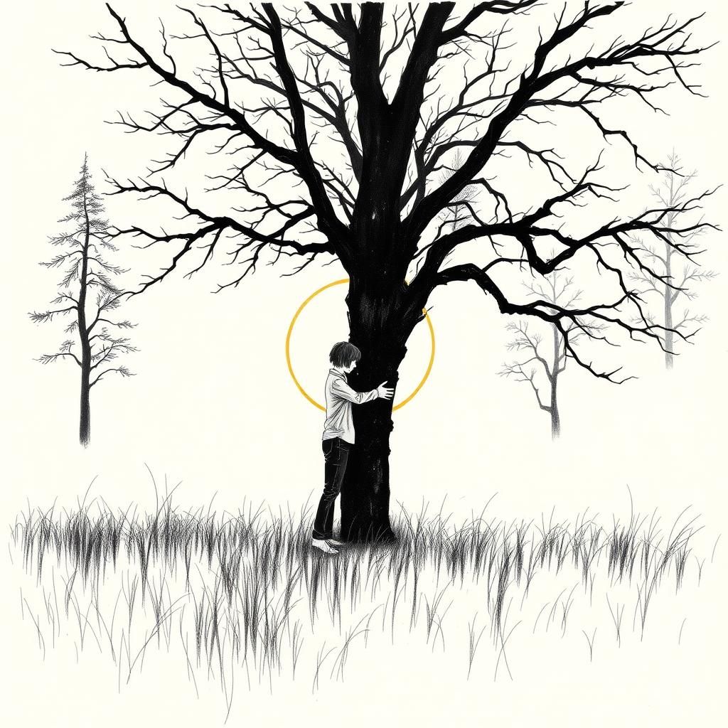 Minimalist Ink Sketch: Woodland Sunrise with Figure