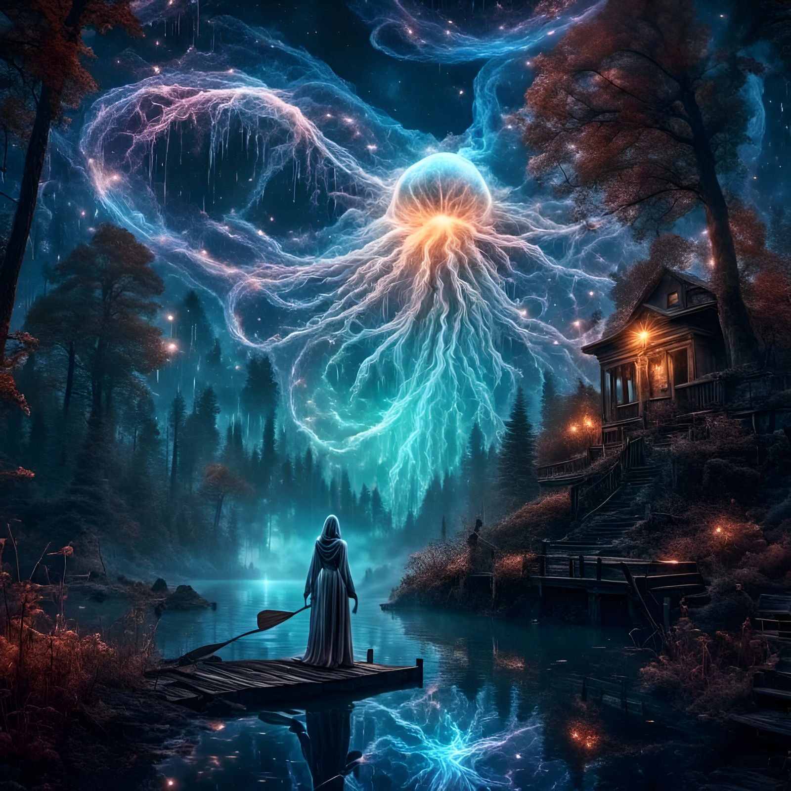 Ghostly Woman Watches Fisherman in Forest Pond