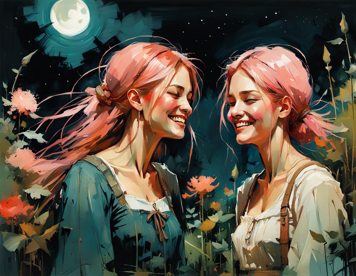 Teenage Girls in Colorful Expressionist Garden at Night