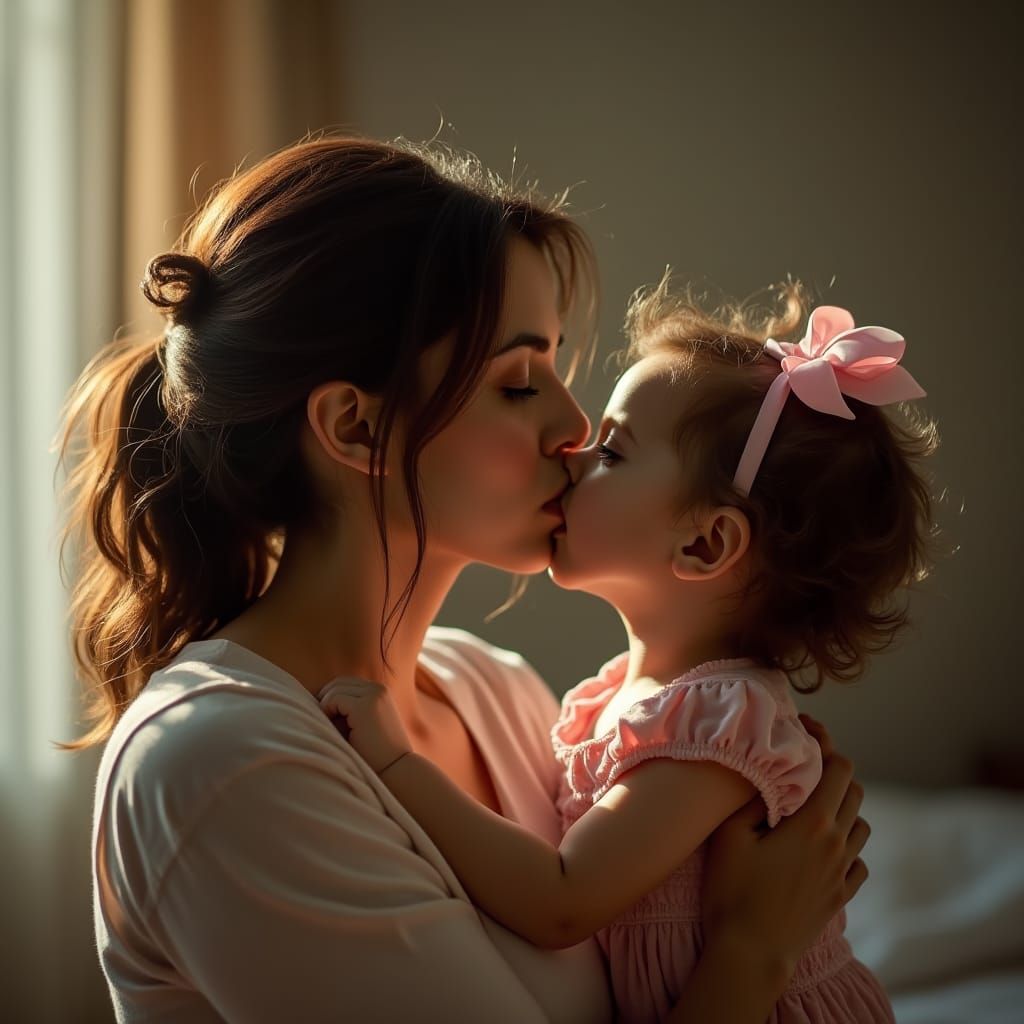Mother and Daughter Kiss: Cinematic Film Still