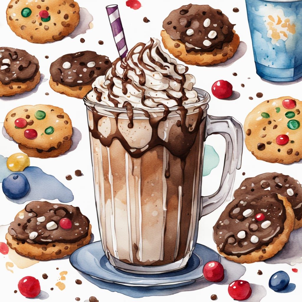 Vibrant Watercolor Dessert Scene with Whimsical Touches