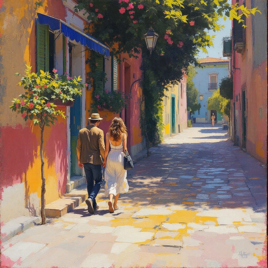 Impressionistic Street Scene with Sunlight and Brushstrokes