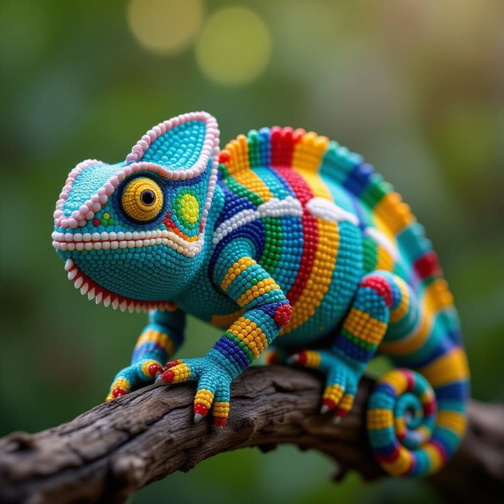 Beaded Chameleon Colorful Mosaic Reptile Art