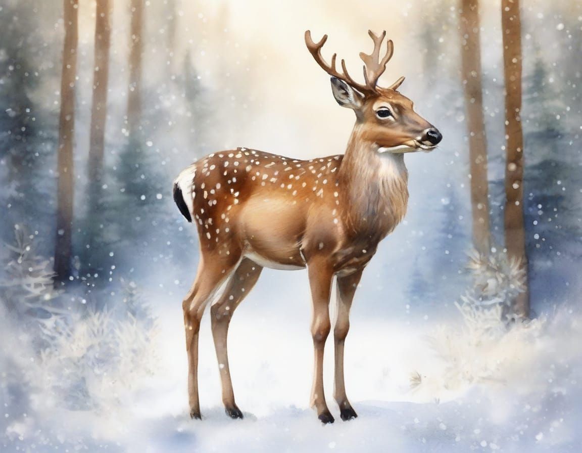 cute deer with pine cone in detailed winter forest in realis...