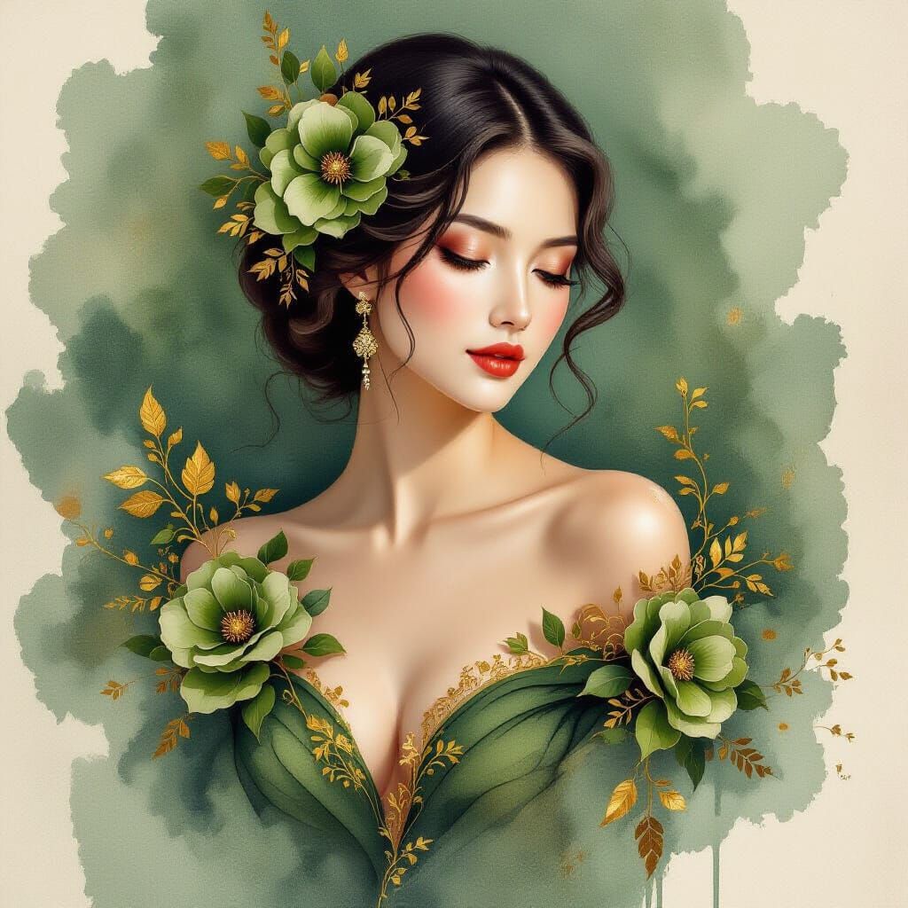 A sophisticated mixed media portrait of an elegant female fi...