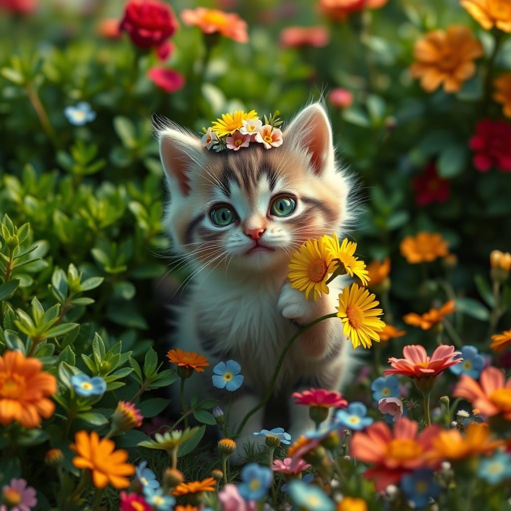 Kitten Brings Sunny Yellow Daisy to Mother Cat in Summer Gar...