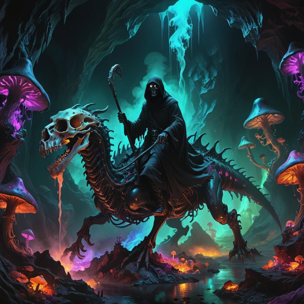 Grim Reaper Rides Dragon Through Bioluminescent Cave