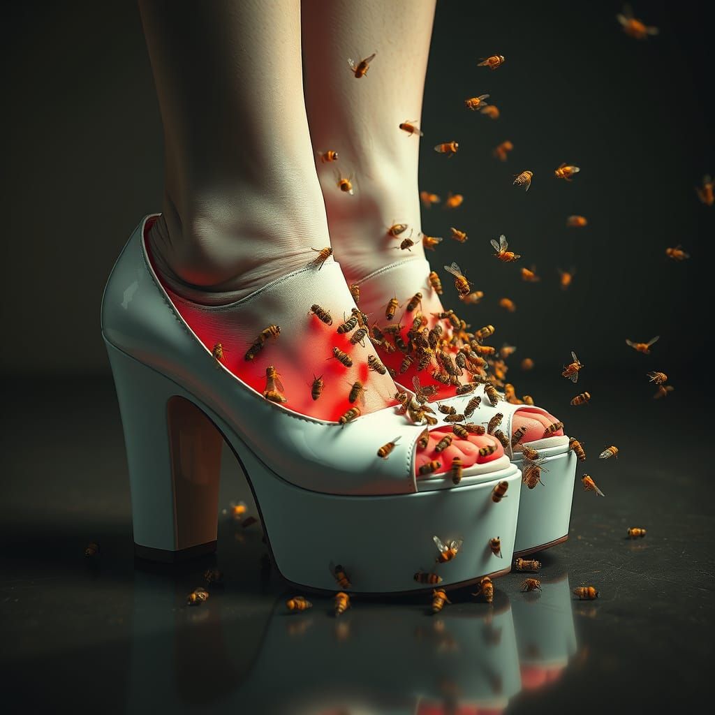 Bees Swarming Platform Shoes: Hyperrealistic Surrealism