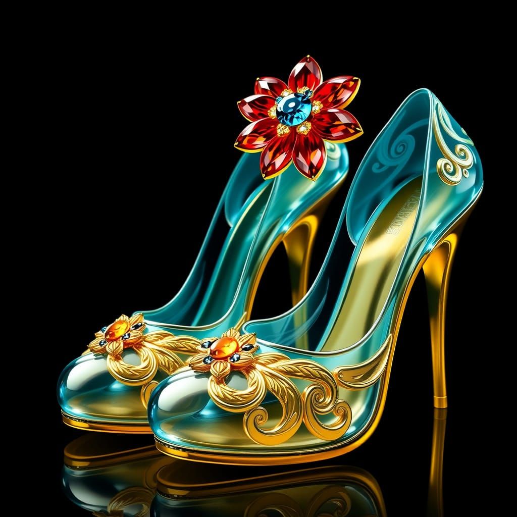 Gilded Glass Fairy Tale Shoes with Gemstone Flowers