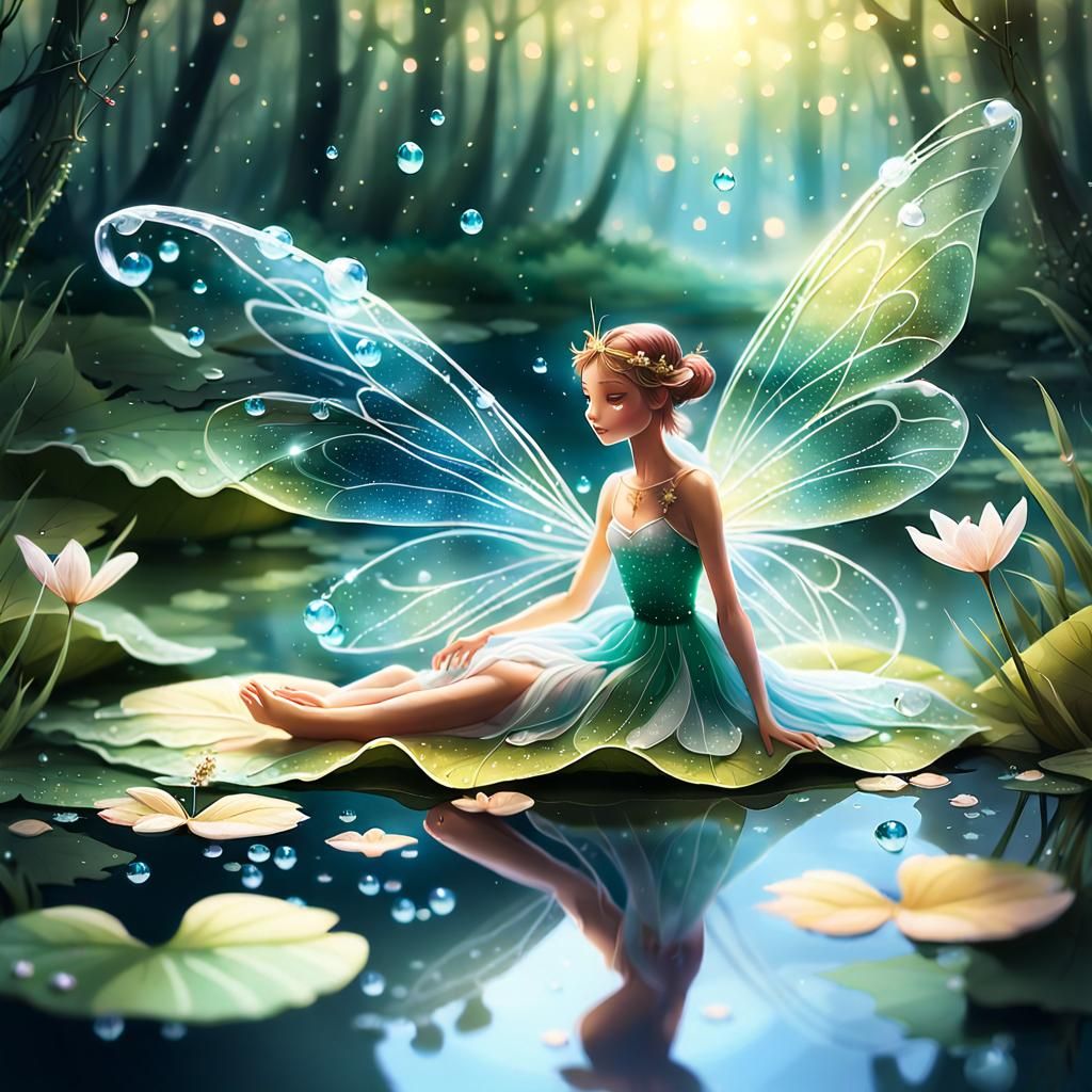 Fairy with Petal Gown in Lush Forest: Dreamy Illustration