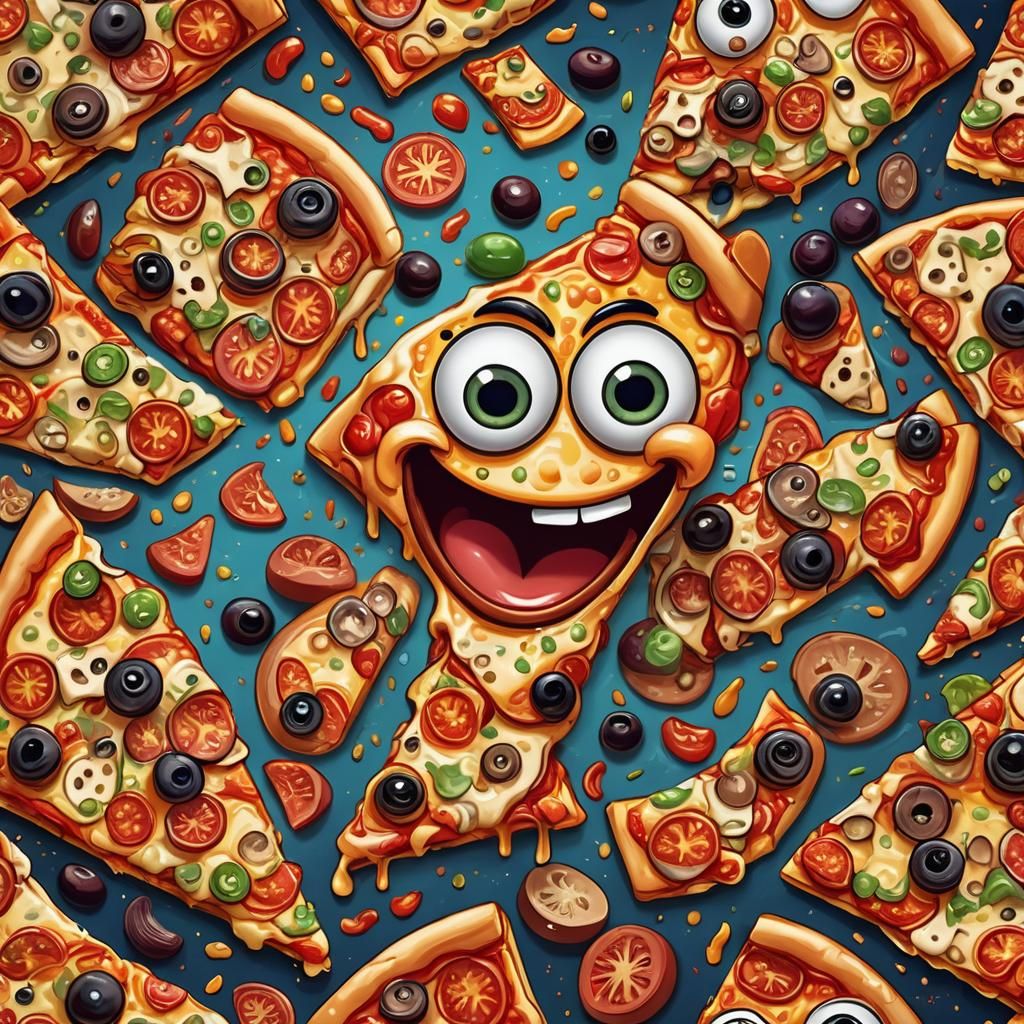 A fun sticker design of a cheerful slice of pizza with big eyes and a goofy smile, adorned with toppings like pepperoni,...