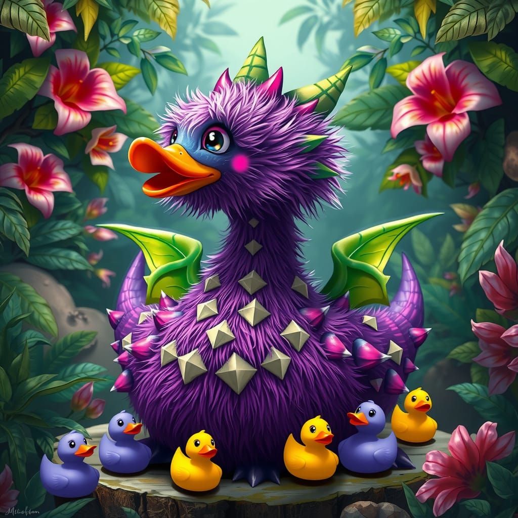 Vibrant Purple Rubber Duck Reigns Over Whimsical Jungle Scen...