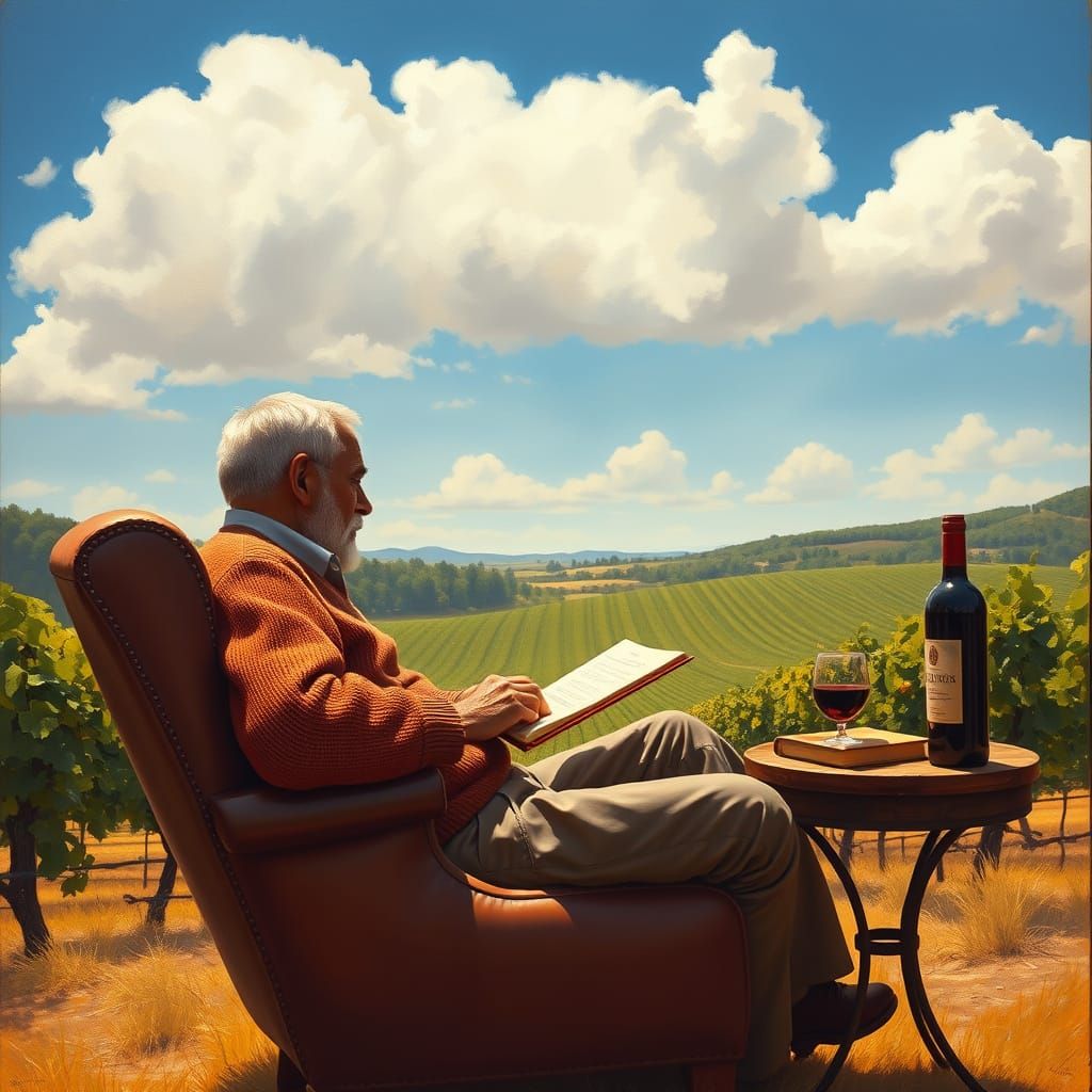 A Gentleman's Serene Afternoon in a Lush Grape Vineyard