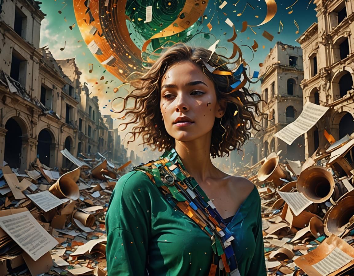 Surreal Singer in a Vortex of Music and Ruins