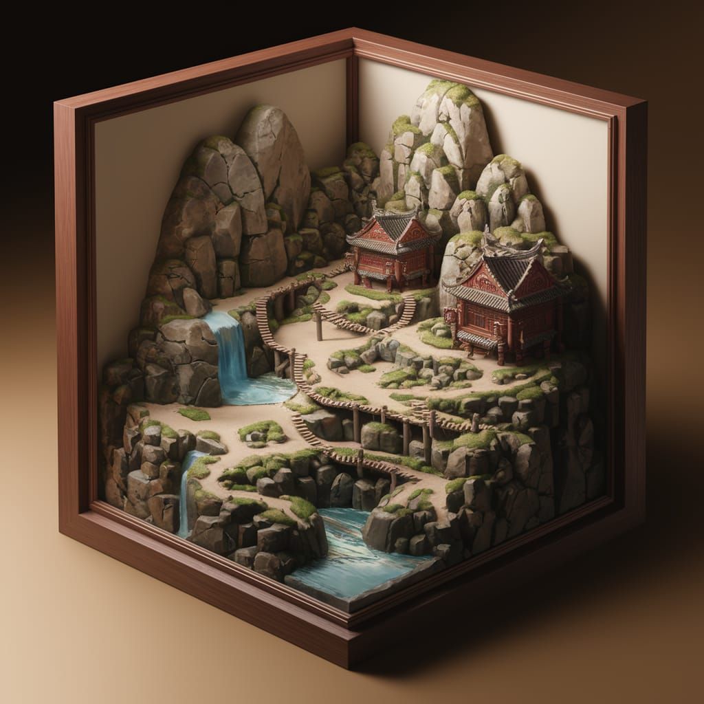 Traditional Chinese Village Diorama in Wooden Box