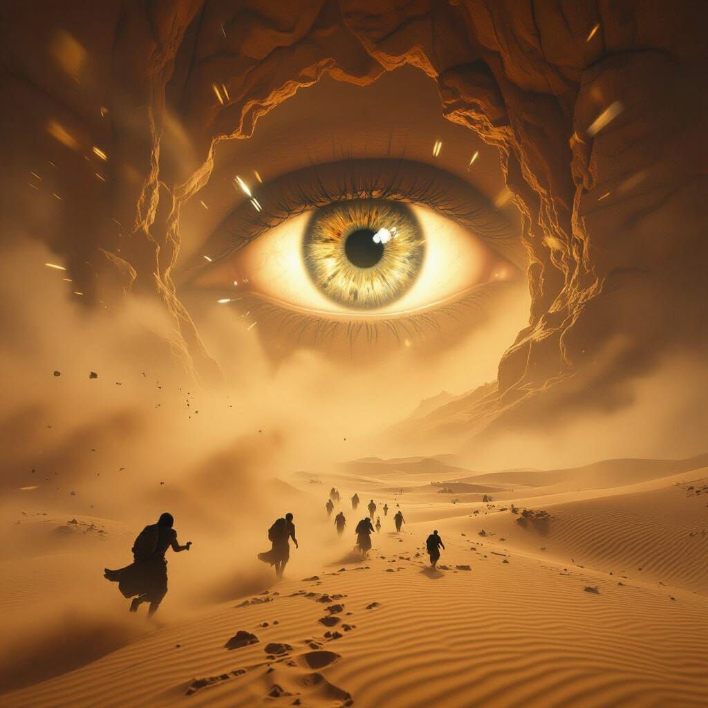 Colossal Eye Glaring Through Apocalyptic Desert Sandstorm